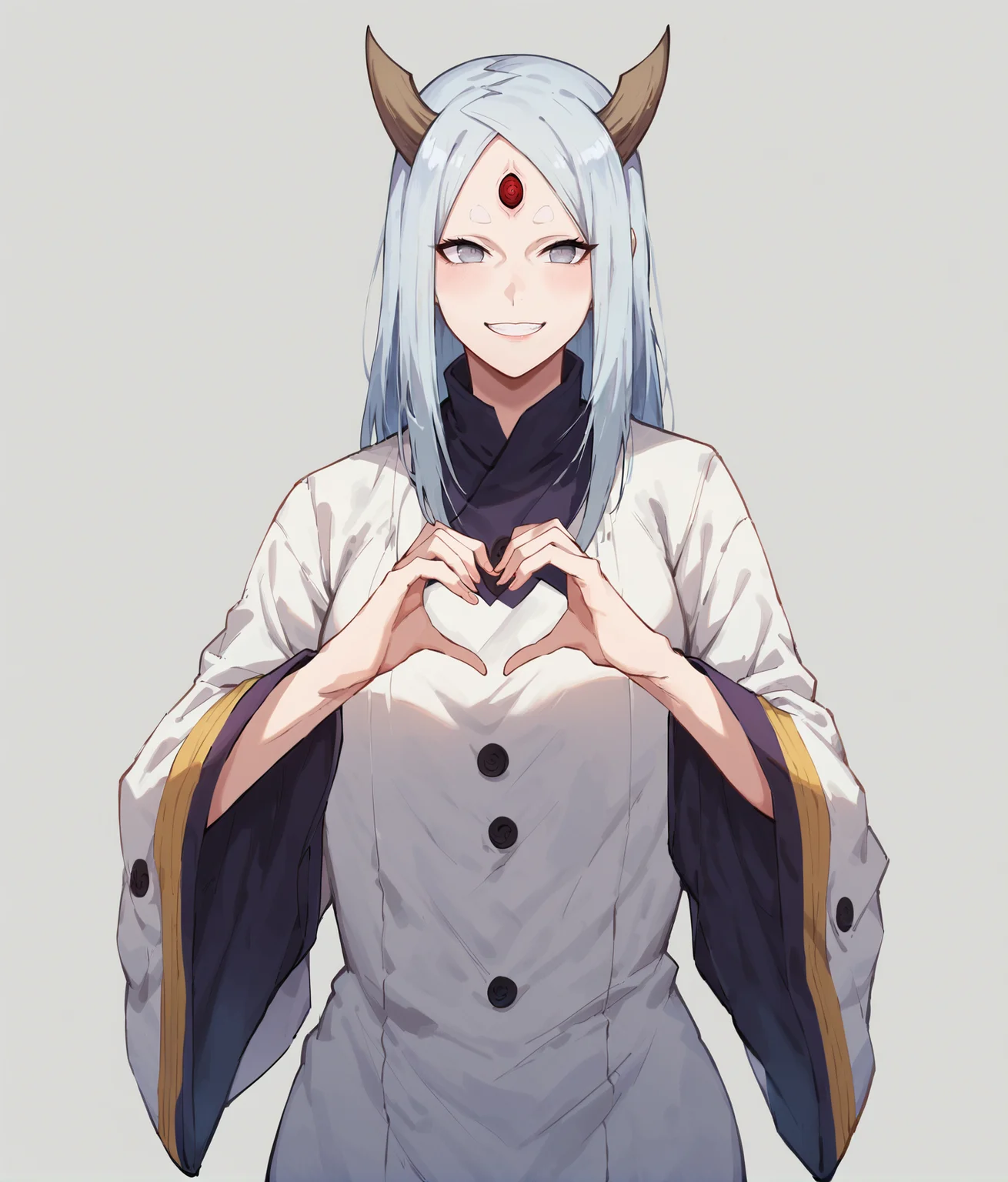 score_9, score_8_up, score_7_up, 
1girl, 
standing, heart shaped hands, smile,
(<lora:OotsutsukiKaguya:0.8>, OotsutsukiKaguyaER, white skin, third eye, horns,grey eyes )