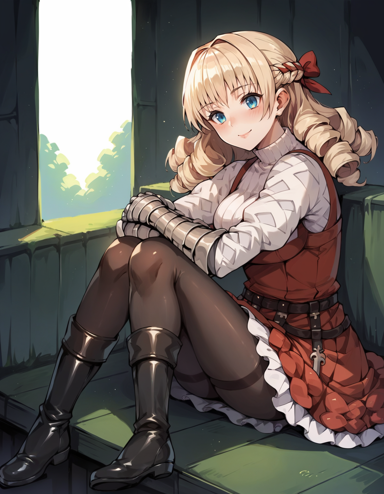 score_9, score_8_up, score_7_up, score_6_up, score_5_up, score_4_up, BREAK source_anime, <lora:UOScarlet:0.9>, UOScarlet, boots, sitting, smiling, blushing