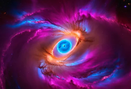 a dynamic and breathtaking image of the universe with vibrant colors and dramatic lighting. Show a swirling nebula in the foreground with bright, intense hues of blue, purple, and pink. In the background, depict a distant galaxy with spiraling arms and scattered stars. Include a supernova explosion, radiating brilliant light, and a mesmerizing black hole at the center, with cosmic debris swirling around it. Add a hint of distant planets and asteroids to create a sense of scale and depth. Make the entire scene feel alive and constantly in motion.
