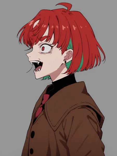 score_9, score_8_up, score_7_up,
<lora:Ado_Usseewa_Style_Pony:0.9> usseewastyle,sketch,
profile, open mouth, crazy eyes,fangs,
<lora:kana-fujii-s1-ponyxl-lora-nochekaiser:0.5> kana fujii, short hair, bangs, red eyes, ahoge, red hair, multicolored hair, green hair, two-tone hair, thick eyebrows,
brown jacket, red necktie,