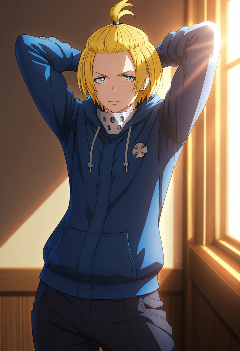masterpiece, best quality, , (3d:0.4), looking at viewer, 1boy, solo, male focus, <lora:arthur_boyle_ilxl:0.9>, arthur_boyle, blonde hair, blue eyes, short hair, bangs pinned back, topknot, hood, , arms behind head, relaxed pose, content expression, lounging posture, sunlight glow,
