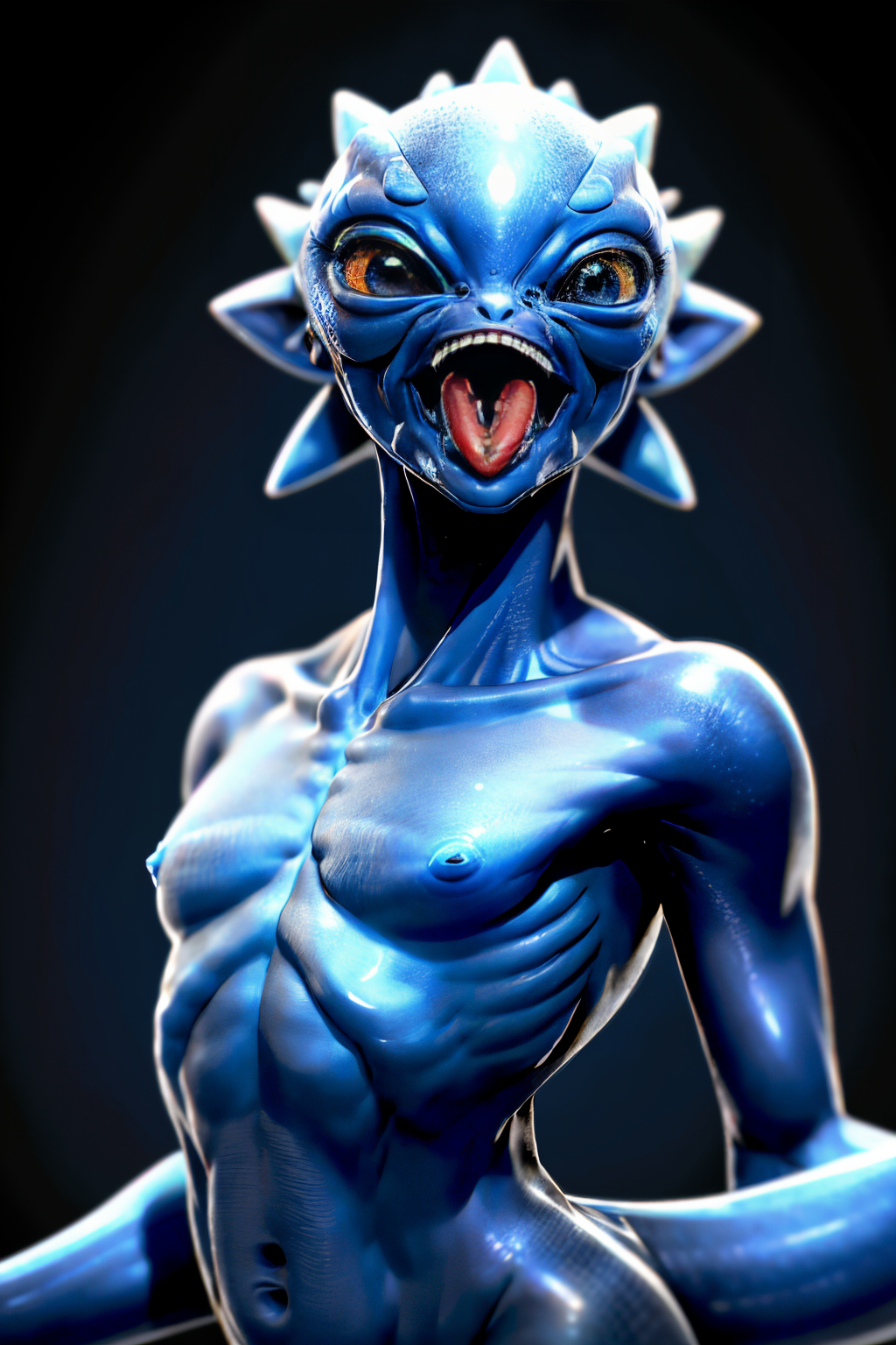 (Realistic:1.5) glowing eye gem topless male tongue multiple boys blue skin black eyes tail teeth  <lora:EdobAlienSpecies_v1.0:0.8>
