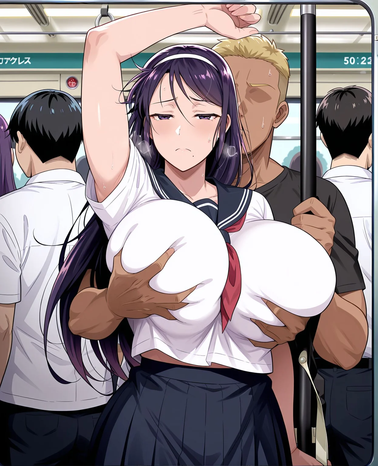 <lora:add-detail-xl:0.5>,masterpiece,best quality,anime coloring,anime screenshot,
<lora:sex_on_bus:0.5> sex_on_bus,
1girl,1boy,standing,bus interior,one arm up,
grabbing another's breast,grabbing from behind, scenery,
raising one hand,holding bus strap,circle bus strap,sweatdrop,
half-closed eyes, scared, heavy breathing,crowd,breast grab,
BREAK
blonde hair male, dark-skinned male, faceless male,
serafuku, school uniform,
yuinatcks, long hair, purple hair, purple eyes, mole under mouth, white hairband, huge breasts, <lora:Yuina-000010:1>
20yo,milf,