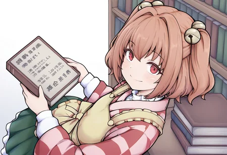 best quality, masterpiece,
1girl, solo, motoori kosuzu, holding book, book stack, smile, looking at viewer,