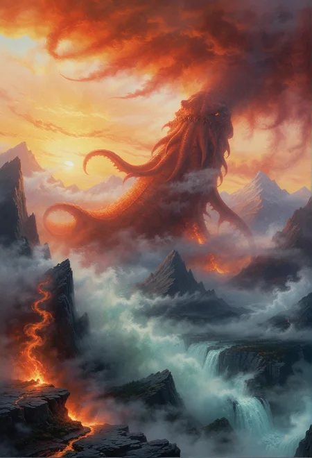 traditional fantasy painting of a colossal ghostly leviathan made of fiery vapor seen in the far distance towering the mountainscape on a misty morning day at sunrise