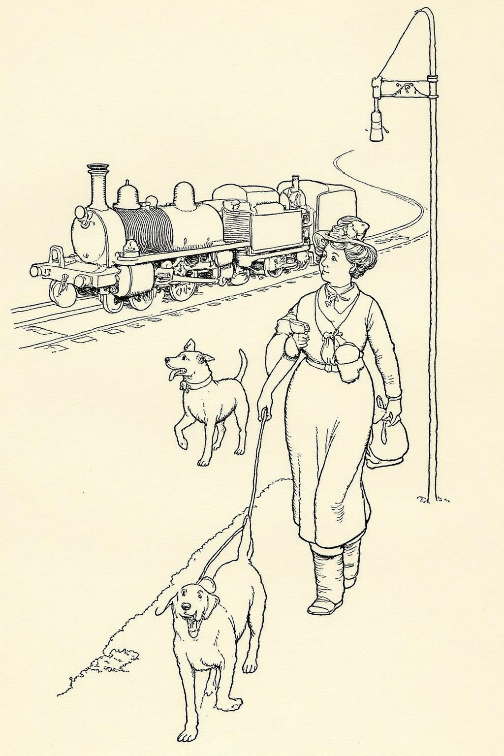 whrob1 illustration. 
A Victorian lady walking with a small dog along a railway, in front of a locomotive. <lora:whrob1_cap_d6a3e11:1.0><lora:828459609263098506:0>