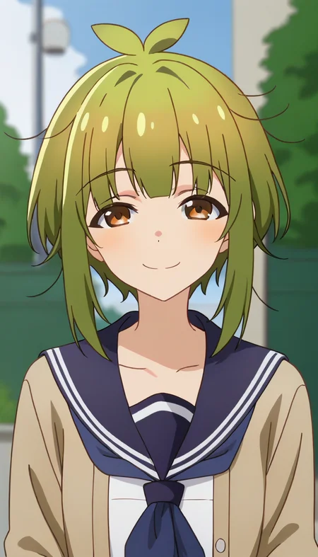 score_9,score_8_up,score_7_up,score_6_up BREAK official art,solo,outdoors,upper body,(portrait:1.5),looking at viewer,facing viewer,smile,blush,Bashame Meme,ahoge,antenna hair,short hair,green hair,messy hair,sidelocks,bangs,brown eyes,school uniform,brown cardigan,open cardigan,blue sailor collar,blue neckerchief,white shirt,long sleeves,blue skirt,pleated skirt,white socks,loafers,brown footwear,<lora:Bashame Meme(snk)-Pony:1.4>,