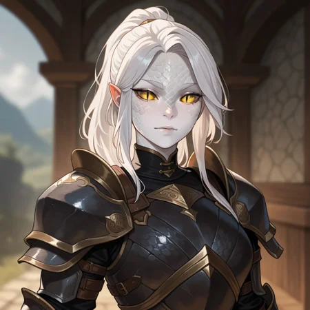 masterpiece, best quality, amazing quality, very aesthetic, solo, upper body,
yuanti, slit pupils, pointed ears,
1girl, female focus, yellow eyes, white skin, scales, white hair, armor,
looking at viewer, posing,
fantasy background, blurred background,