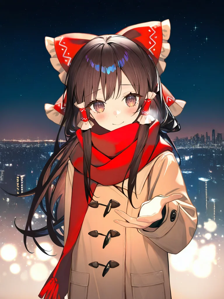 1girl,,hakurei reimu,solo,night_sky,looking_at_viewer,night,star_(sky),light_blush,shy,standing,reaching_out,beckoning,outdoors,upper body,smile,coat,red scarf,gradient_background,cityscape,city_lights,<lora:fanggeCL-000024>, masterpiece, best quality, very aesthetic, absurdres