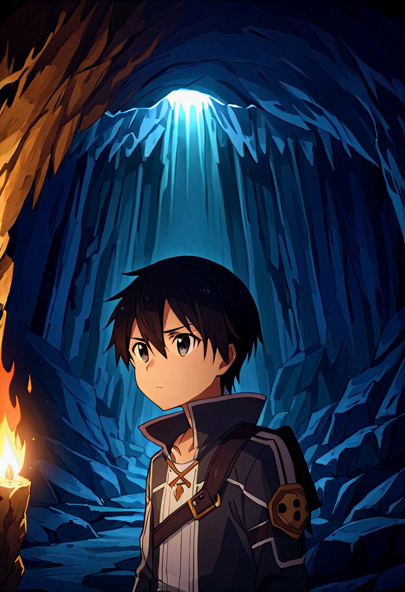 high resolution, solo, best quality, 1Boy, Kazuto Kirigaya, Black Hair, Black Eyes, Underground cave, torchlight, echoes, discovery,