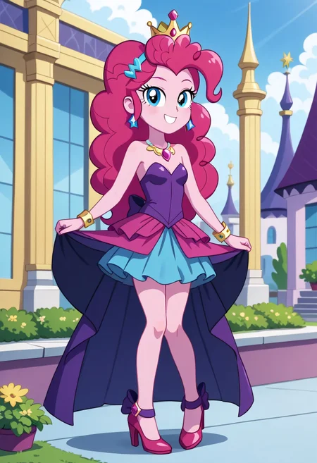 score_9, score_8_up, score_7_up, score_6_up, from My Little Pony Equestria Girls, a very young little human girl Pinkie_Pie wearing a fit blue|sky|green|brown|darkpurple|red|yellow gradients colors short princess dress, elegant detailed princess shoes, solo, 1girl, little princess girl, gradient dark pink hair with crown hairband, smile, childhood, looking at viewer, glow detailed eyes, garden of canterlot, tul, chiffon, laces, semi realistic cartoon, unreal engine 5, full body close-up, absurdres, digital art, soft light, perfect hands, perfect, hands, perfection, soft pink skin, skyblue eyes, party accesories and shoes, jewelry, tres chic,<lora:age_slider_v4:-4>,