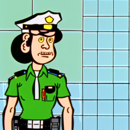 police hat, pornography, black hair, indoors, tree, shirt, tiles, from behind, green shirt, spotlight
