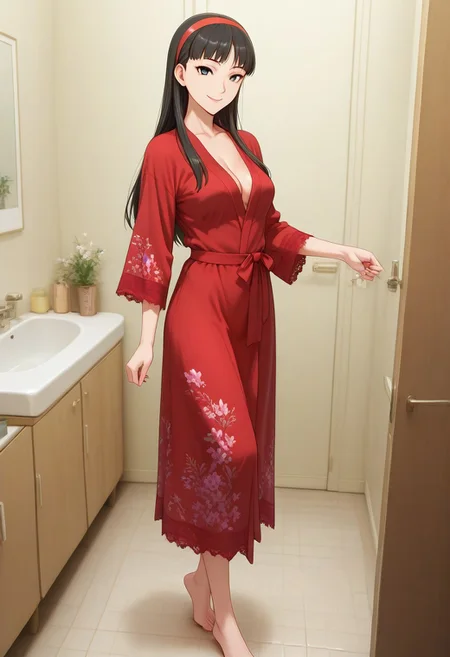 1girl, solo, full shot, mature woman, milf, p4yukiko, amagi yukiko, long hair, black hair, bangs, hairband, medium breasts, bathroom, bathrobe, open red bathrobe, lace trim, japanese floral print, sexy, cleavage, smile