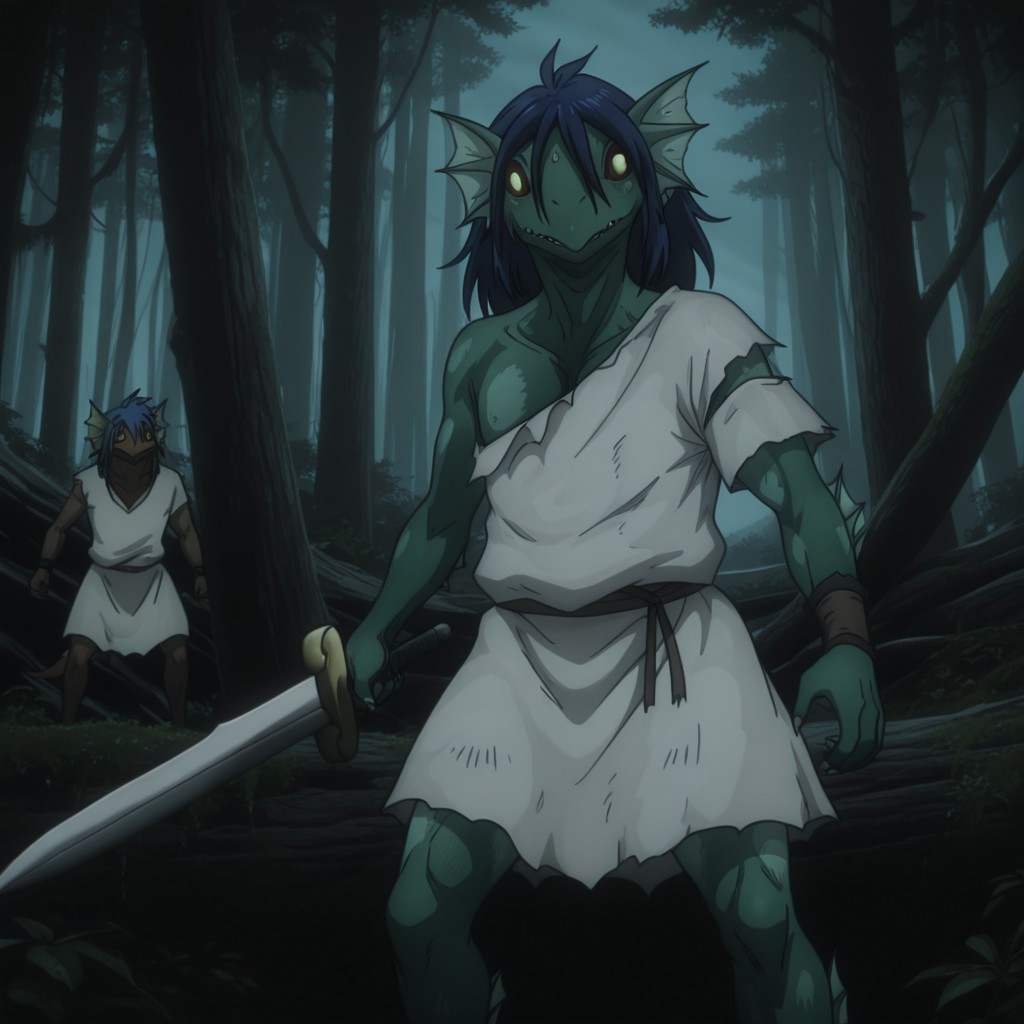 masterpiece, best quality, amazing quality, FishmanslfIL, anthro, green skin, blue hair, head fins, black sclera, yellow eyes, torn clothes, white tunic, standing, in a forest, holding sword