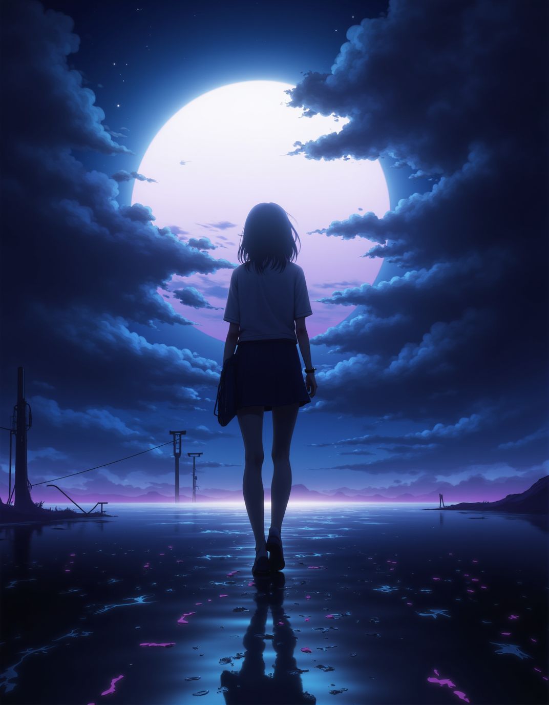 <lora:ck-Neon-Retrowave:1>, ck-nw, in the style of ck-nw, anime, a woman walking towards the viewer, at night, moon and cloudy sky in the background