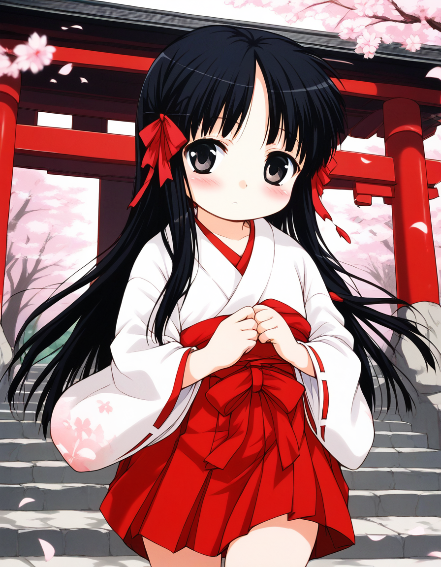 score_9, score_8_up, score_7_up, source_anime, rating_explicit, BREAK  <lora:Hoshino_Hina_XL:1> Hoshino_Hina, long hair, black hair, black eyes, hair ribbon, short stack,
japanese white clothes, miko, red hakama, shrine, cherry blossom,
blush,
outdoor, day,
looking at viewer, 
cowboy_Shot,