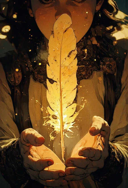 A first-person perspective shot of a person looking down at their hands, gently cradling a mystical, divine hawk feather. The feather glows with a radiant golden-yellow light, pulsing with magical energy. Tiny sparks of golden dust drift from the feather, leaving behind a shimmering trail of ethereal smoke. The person's hands are illuminated by the warm glow, casting soft shadows on their fingers. The background is blurred and dark, emphasizing the feather's otherworldly presence. The atmosphere feels mystical, sacred, and filled with an ancient, divine power.