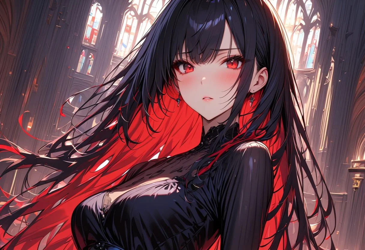 High detailed, ultra detailed, masterpiece, 1Girl, black hair, red eyes, dress