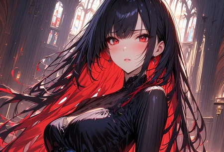 High detailed, ultra detailed, masterpiece, 1Girl, black hair, red eyes, dress