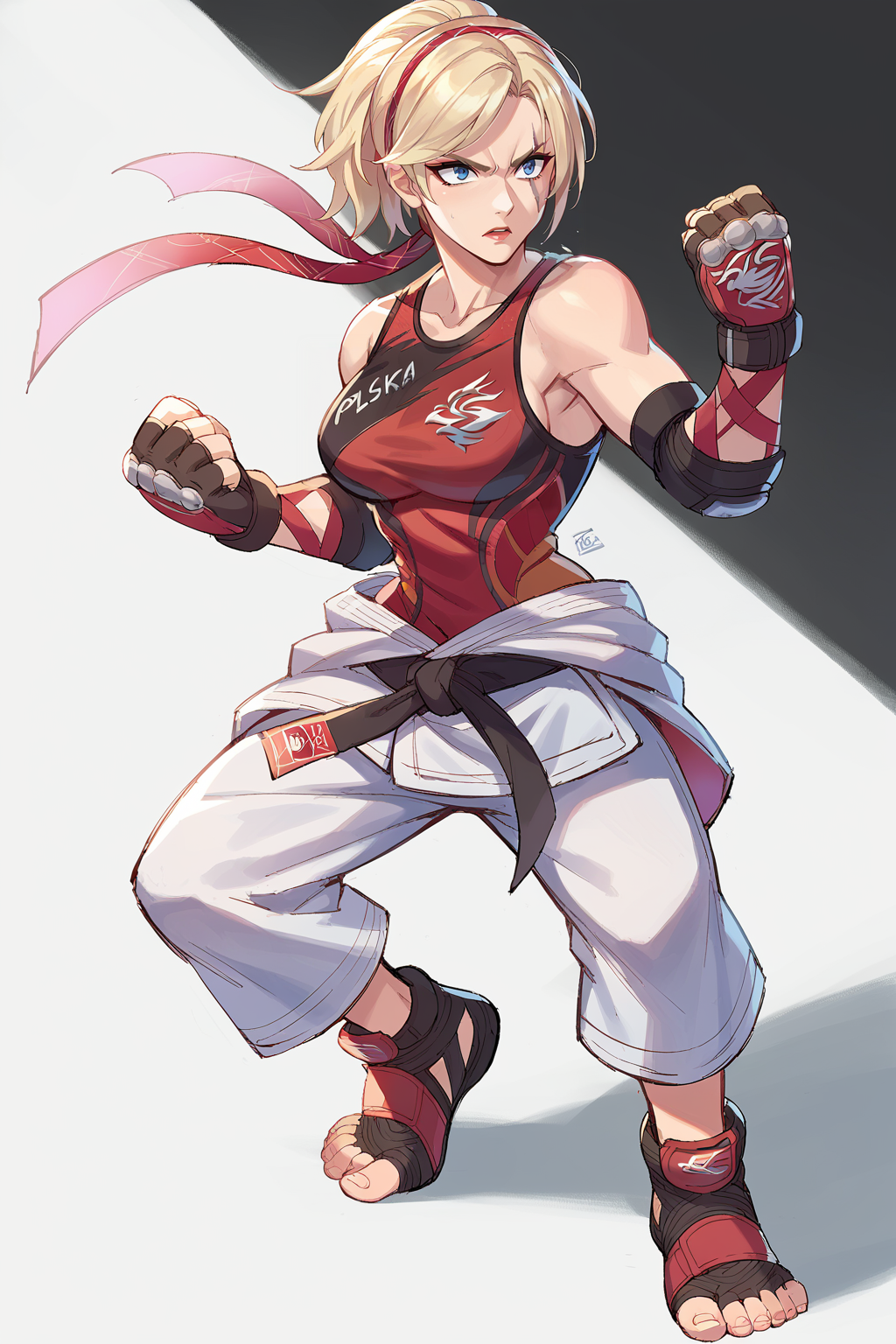 score_9, score_8_up, score_7_up, score_6_up, score_5_up, score_4_up, BREAK source_anime,solo
edgLidia,fingerless gloves,scar across one eye,ponytail,red hairband,black karate belt,clothes around waist,dougi,tank top, breasts, short hair, blue eyes, blonde hair, gloves, full body,fighting stance, nose
 <lora:edgLidiaTekkenPonyv1:1>