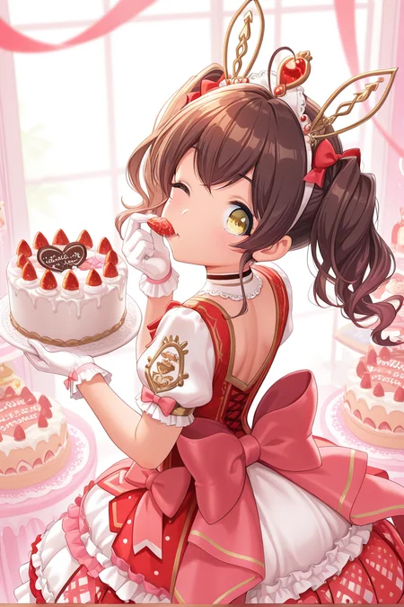 masterpiece, best quality, amazing quality,
 <lora:Muni_IL:1> muni, 1girl, food, one eye closed, cake, dress, twintails, gloves, brown hair, solo, fruit, strawberry, bow, holding, looking at viewer, white gloves, looking back, yellow eyes