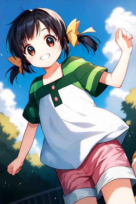 score_9, score_8_up, score_7_up, score_6_up, rating_safe, source_anime, best quality, masterpiece, detailed background, detailed eyes, outdoors, swinging, from below view, <lora:sunohara-mei-xl-06:1>, sunohara mei, black hair, flatchested, yellow ribbons, green striped shoulder t-shirt, pink shorts, smile