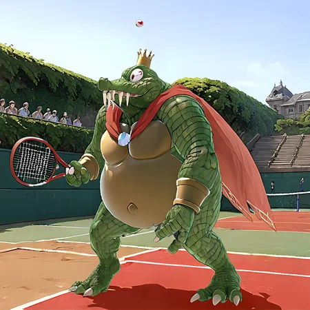 kingkroolXL, playing tennis, <lora:King_K_Rool_XL:.8>, red cape, (anime, masterpiece, intricate:1.3), (best quality, hires textures, high detail:1.2), (4k),(incredibly detailed:1.4),UHD, 8K, ultra detailed