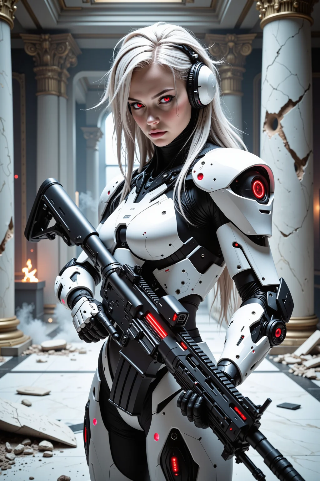 Portrait of a futuristic female cyborg soldier. Her face is completely human, with highly detailed realistic skin, but feature small symmetric seams and (intense red eyes). Her body features thick white armor plates with sharp corners and hard edges, hiding her female figure. She also wears a headset on one of her ears. She also has long synthetic hair in a messy style. She finds herself in a large luxorious room, incorporating marble floors and columns and other details. The room is partially destroyed, and shows the aftermath of a firefight, with bullet holes, cracks and rubble. White smoke and dust is moving over the ground, and tiny fires are visible on the floor. One of the columns has been completely shattered. Her expression is intense, carrying a thick large caliber futuristic rifle, ready to go back into battle at any moment. The rifle should look massive, and match the style of her white armor plates. Both the armor and the rifle should incorporate vibrant led lights. The lighting is dramatic, highlighting the intricate details of her face and eyes. The overall aesthetic is cyberpunk and sci-fi.