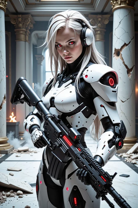 Portrait of a futuristic female cyborg soldier. Her face is completely human, with highly detailed realistic skin, but feature small symmetric seams and (intense red eyes). Her body features thick white armor plates with sharp corners and hard edges, hiding her female figure. She also wears a headset on one of her ears. She also has long synthetic hair in a messy style. She finds herself in a large luxorious room, incorporating marble floors and columns and other details. The room is partially destroyed, and shows the aftermath of a firefight, with bullet holes, cracks and rubble. White smoke and dust is moving over the ground, and tiny fires are visible on the floor. One of the columns has been completely shattered. Her expression is intense, carrying a thick large caliber futuristic rifle, ready to go back into battle at any moment. The rifle should look massive, and match the style of her white armor plates. Both the armor and the rifle should incorporate vibrant led lights. The lighting is dramatic, highlighting the intricate details of her face and eyes. The overall aesthetic is cyberpunk and sci-fi.
