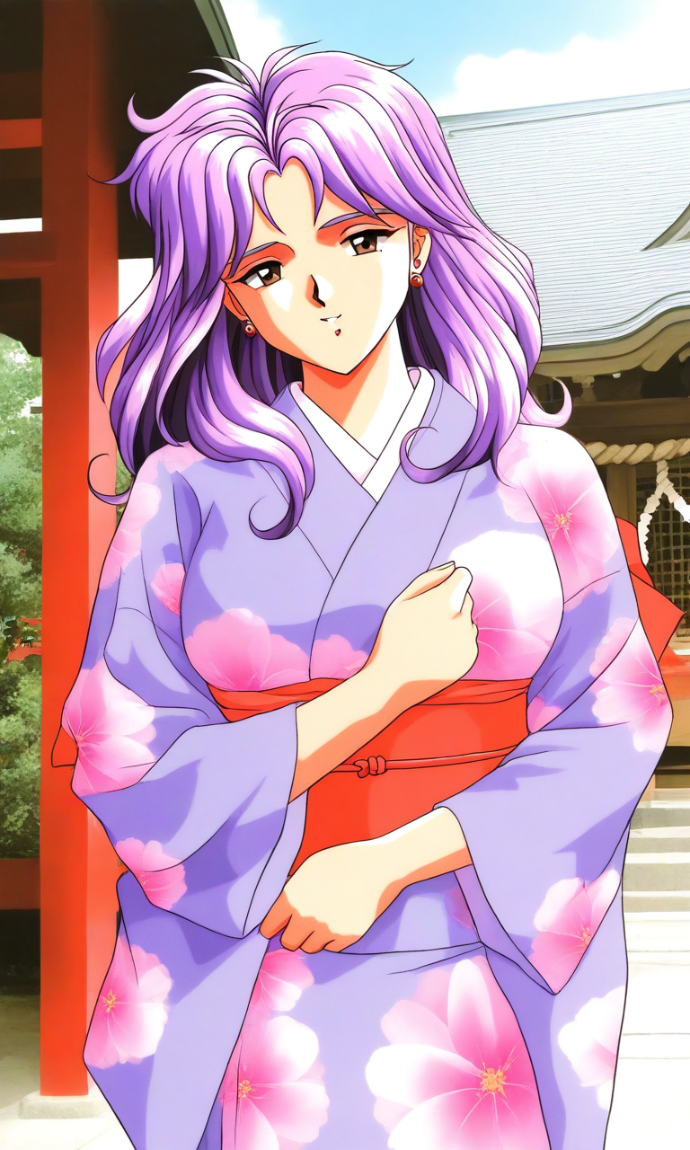 general,highres, ultra-detailed,very aesthetic,best quality ,best hands, BREAK <lora:Kagami_Mira_Tokimeki_Memorial_IS:1>
Kagami_Mira(Tokimeki_Memorial), 1girl, solo, purple hair, long hair, Parted bangs, earrings, large breasts, brown eyes,
japanese clothes, kimono,shrine,
shrine,