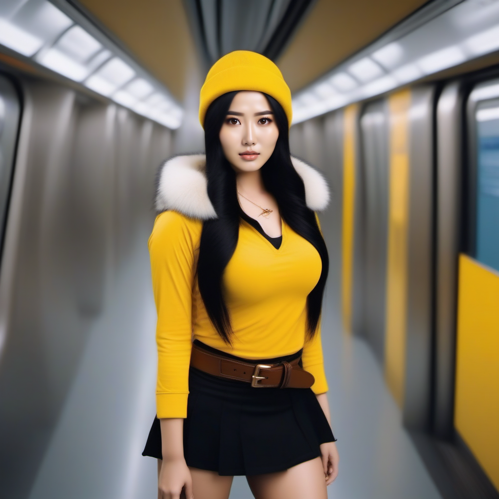 cinematic photo full body asian  woman with long black hair, ((large breast)), ((brown bobble hat)) wearing a yellow shirt with text ''DOG'', brown belt, (((black hightighs))), black miniskirt, white fur collar, in the metro  <lora:KurohaMitsu1024:0.8>