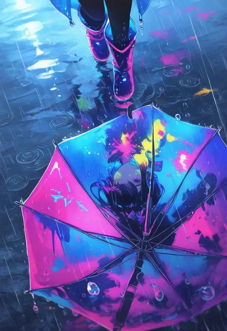 1 girl , solo , rain drop , dripple , water surface , umbrella , raincoat , rainboot , reflection ,
masterpiece ,best quality ,amazing quality, intricate details , watercolor , sometyome_illu ,xxx667_illu , reij-incs, neon colors, colors splash effect,