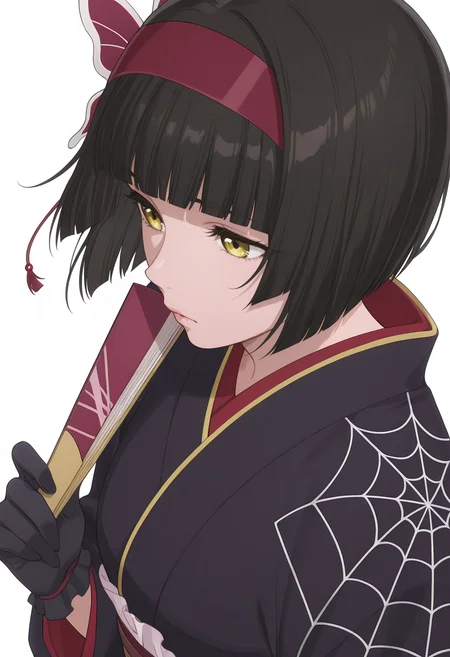 Smooth Quality,masterpiece, ultra realistic,
simple background, white background, 
from above,traumatized,wind, 
 <lora:MioCnn:0.8> Mio/Cnn, 1girl, short hair, bangs, japanese clothes, kimono, yellow eyes, hairband, blunt bangs, black gloves, black hair, spider web print,butterfly hair ornament,folding fan,