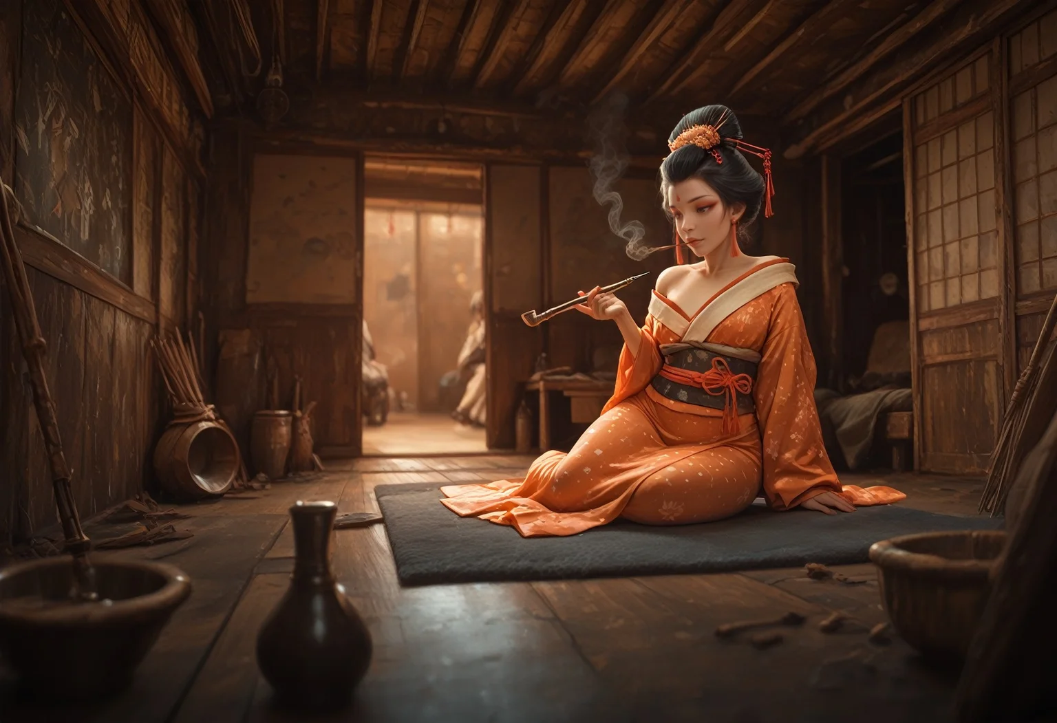 masterpiece, best quality, jptradhut, geisha sitting in small room, smoking pipe, kiseru, curvy, ((scenery)), domestic clutter, depth of field, realistic, indoors, cozy room, <lora:Jptradhut_illustrious-10:0.8> <lora:zy_illustrious_Realism_Enhancer_v1:0.6> <lora:SmoothStyle_Omega:1> <lora:Smooth_Booster_v2:1>