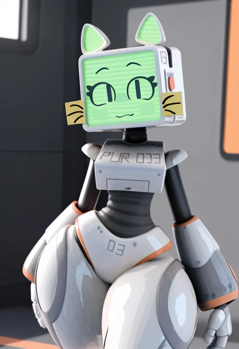 masterpiece, high resolution, ultra quality, best quality, 1 girl, solo,
Pur03, Robot, catgirl, tv head, 3d, stickers, fake animal ears, science fiction, humanoid robot, wide hips, smile, looking at viewer