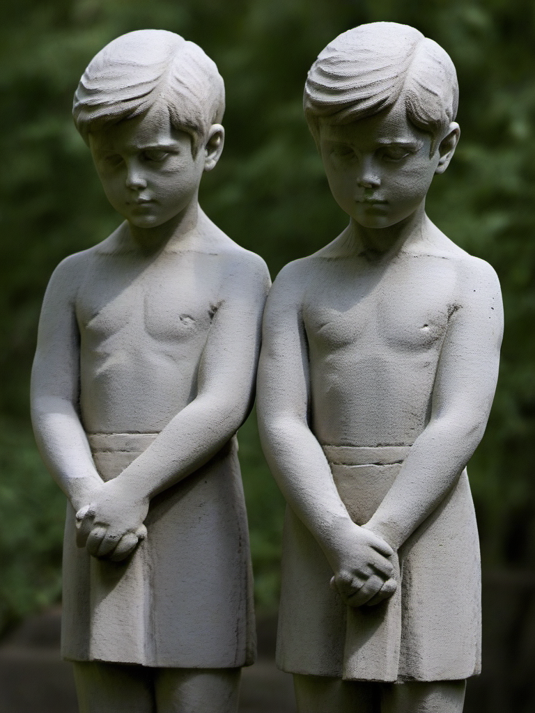 two boys stone statures waiting in a pose  <lora:talesofthegraveyard:1>