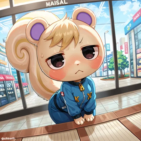 masterpiece, best quality, high quality, very aesthetic, very awa , anthro, solo ,female , marshal \(animal crossing\), nintendo, male, mammal, rodent, squirrel, shortstack, tan body, tan fur, forehead tuft, blonde hair, squirrel tail, large tail, cheek blush , mall , clothed, (detailed background:1.2), (dynamic angle:1.2) ,