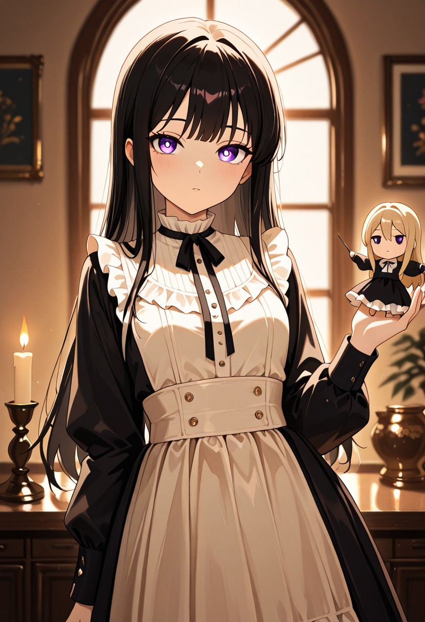 masterpiece, best quality, good quality, very aesthetic, absurdres, newest, 8K, depth of field,  in the style of cknc, artist:moriimee, in the style of cksc, 
1girl, porcelain skin, long black hair, curled, violet eyes, small breasts, perky, frilled dress, glossy skin, holding puppet, looking at viewer, from front
BREAK
victorian parlor, wooden dolls, candlelight flickering
BREAK
warm light, soft colors, high contrast, eerie shadows, rich details, unsettling vibe