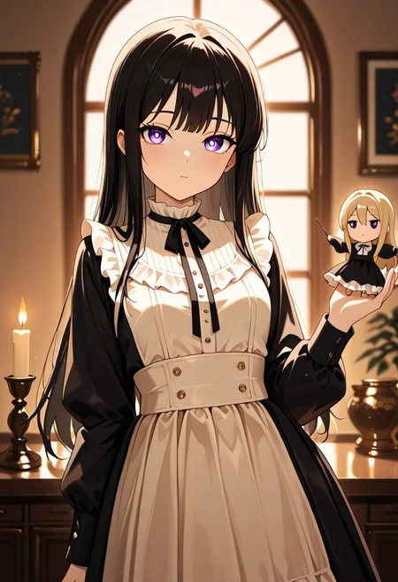 masterpiece, best quality, good quality, very aesthetic, absurdres, newest, 8K, depth of field, in the style of cknc, artist:moriimee, in the style of cksc,
1girl, porcelain skin, long black hair, curled, violet eyes, small breasts, perky, frilled dress, glossy skin, holding puppet, looking at viewer, from front
BREAK
victorian parlor, wooden dolls, candlelight flickering
BREAK
warm light, soft colors, high contrast, eerie shadows, rich details, unsettling vibe