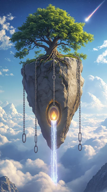 A lone, weathered flying rock hovers above a sea of clouds, its rugged surface anchored by three massive, ancient chains that emerge from the mist below, stretched taut as if holding the rock in place. The chains are thick and weathered, their links covered in moss and glowing faintly with ancient runes.
At the base of the rock, a glowing magical crystal protrudes, pulsating with energy. Growing from the rock is a majestic, centuries-old oak tree, its gnarled roots gripping the stone firmly. The oak is fully three-dimensional, with intricate bark texture and lush foliage that sways gently in the wind.
At the base of the oak, where its roots meet the rock, an elliptical portal is seamlessly embedded into the tree's trunk. The portal glows faintly with a soft, otherworldly light, and a continuous stream of water flows from it, cascading down the rock and forming a waterfall. The water disperses into mist as it meets the wind, creating a shimmering rainbow under the sunlight.
The sky above is a brilliant blue, dotted with puffy white clouds, while the horizon is streaked with the fiery trail of a dark, blazing comet. The scene is a blend of surreal fantasy and natural beauty, where the boundaries between reality and imagination blur. The viewer is drawn into this world of wonder, where the ethereal and the majestic coexist in perfect harmony.