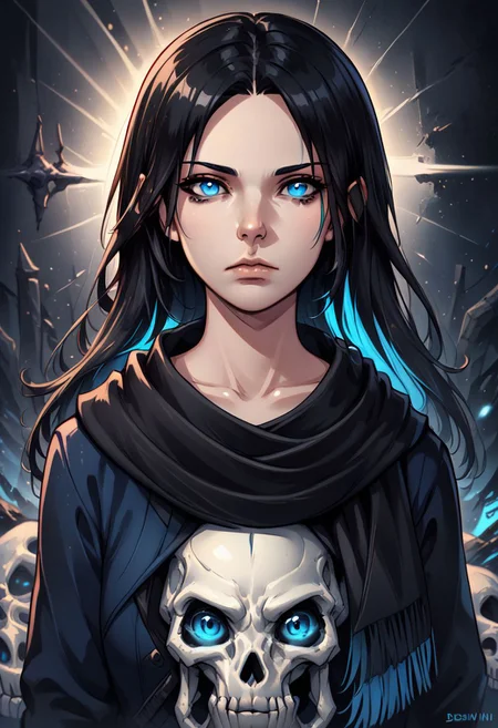 osgndkz, 1girl, solo, black hair, looking at viewer, skull, blue eyes, long hair, upper body, multicolored hair, glowing, scarf, collarbone, black scarf, closed mouth, lips,, , zPDXL