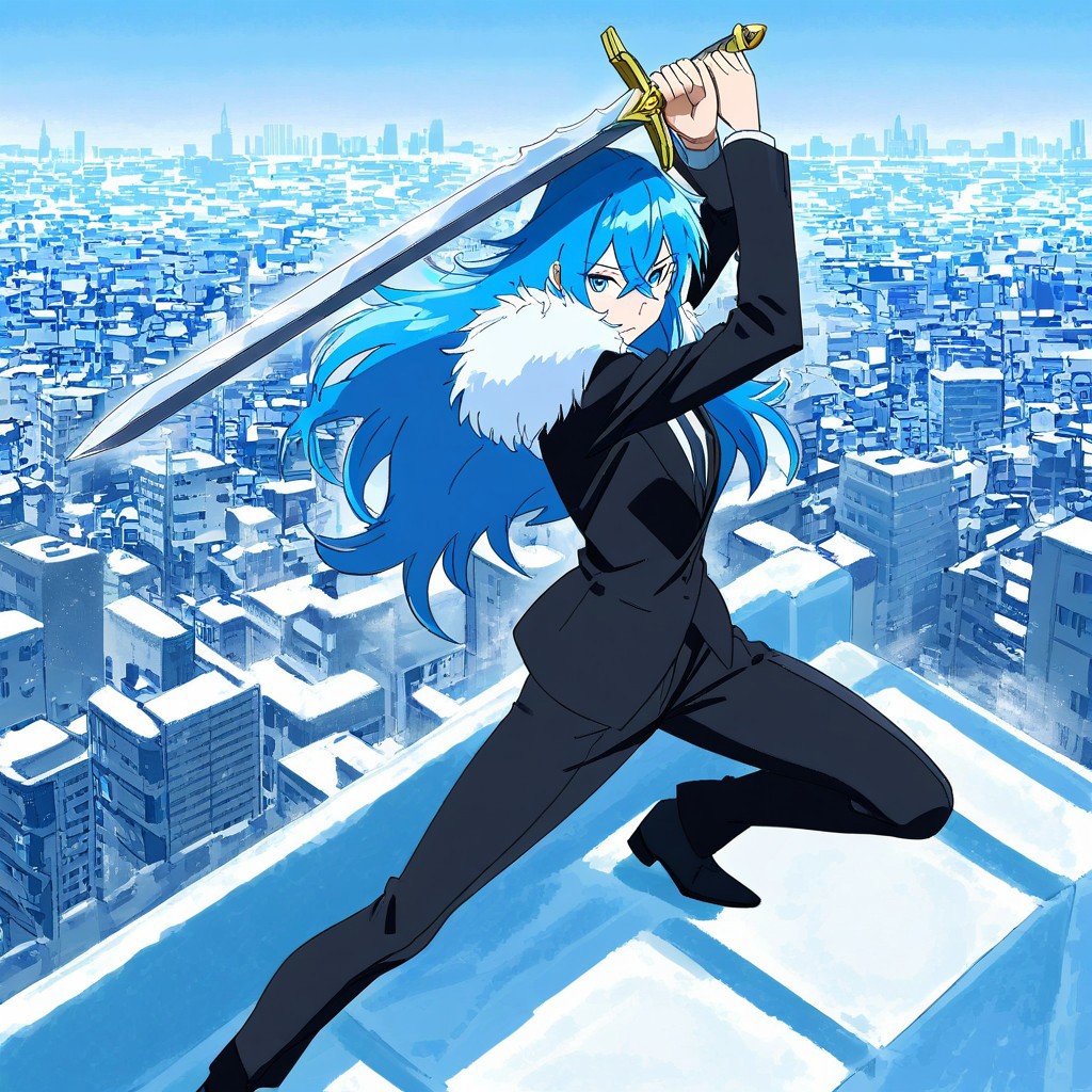 freebo_piercing, sword, sword held up defensively, high stance, side view, 1girl, anime, vivy_vfe, blue hair, crossed bangs, blue eyes, armor, holding sword, fur coat, winter background, city, rooftop, suit, side view, looking at viewer