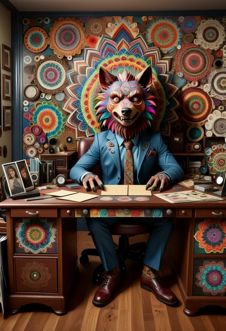 M4ND4L4S, a werewolf made of colorful mandalas, set in a cluttered detective office, featuring corkboards with photos and clues, filing cabinets, leather chairs, and an antique desk, ,Masterpiece,best quality, raw photo, realistic, very aesthetic