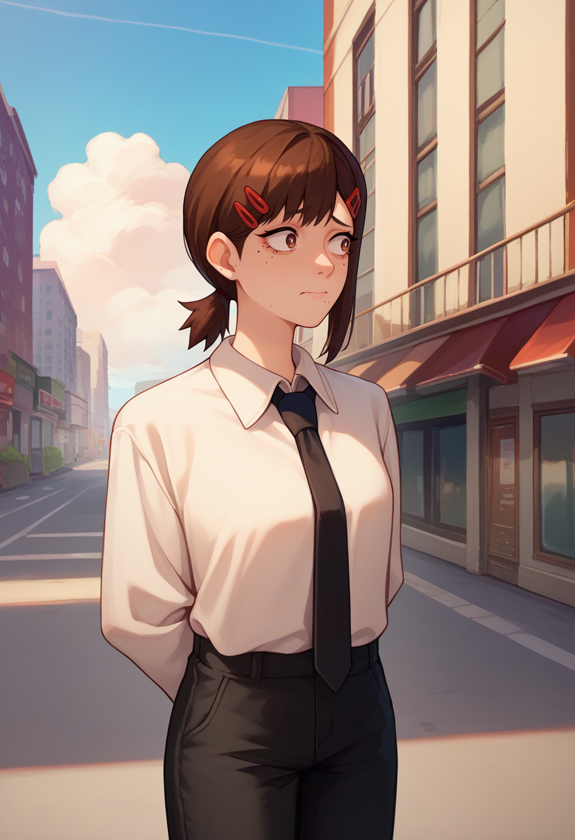 score_9, score_8_up, score_7_up, solo, 1girl, kobenidef, mole under eye, mole under mouth, nervous, looking away, standing, arms behind back, single sidelock, short ponytail, hairclip, brown hair, brown eyes, white shirt, collared shirt, shirt tucked in, black necktie, long sleeves, black pants, cloudy sky, outdoors, city street <lora:csm_higashiyamakobeni_ponyXL:1>