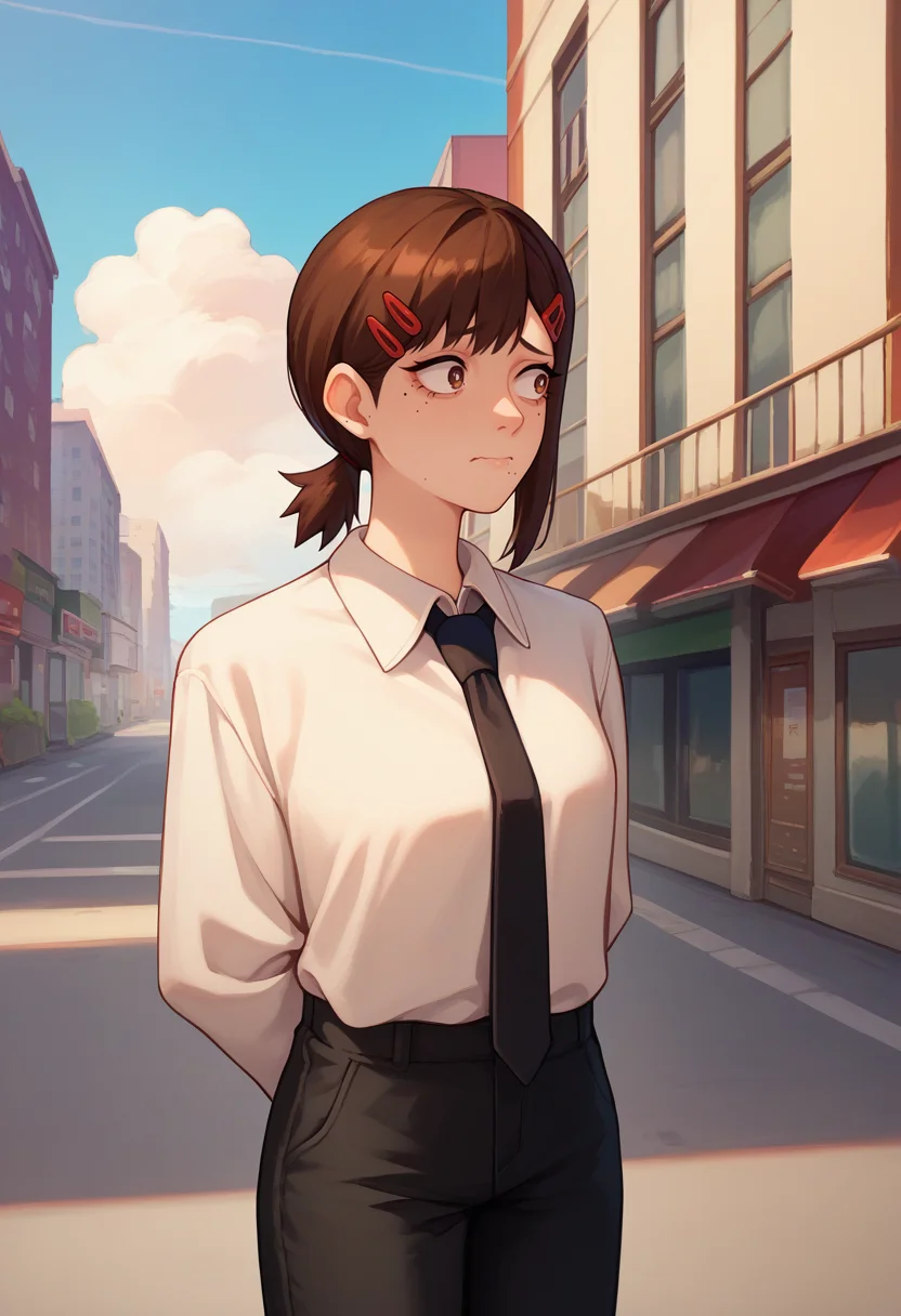 score_9, score_8_up, score_7_up, solo, 1girl, kobenidef, mole under eye, mole under mouth, nervous, looking away, standing, arms behind back, single sidelock, short ponytail, hairclip, brown hair, brown eyes, white shirt, collared shirt, shirt tucked in, black necktie, long sleeves, black pants, cloudy sky, outdoors, city street <lora:csm_higashiyamakobeni_ponyXL:1>