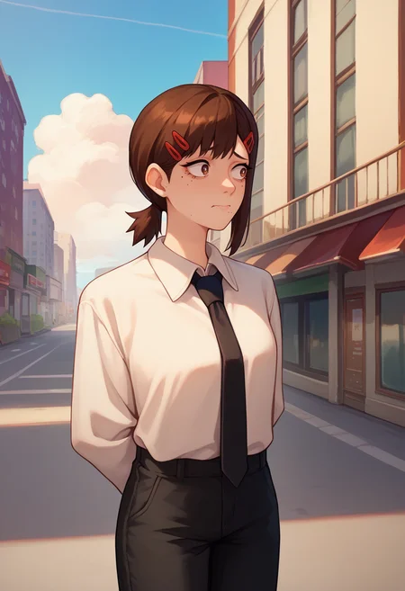 score_9, score_8_up, score_7_up, solo, 1girl, kobenidef, mole under eye, mole under mouth, nervous, looking away, standing, arms behind back, single sidelock, short ponytail, hairclip, brown hair, brown eyes, white shirt, collared shirt, shirt tucked in, black necktie, long sleeves, black pants, cloudy sky, outdoors, city street <lora:csm_higashiyamakobeni_ponyXL:1>