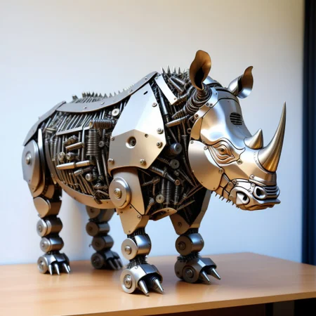 a rhino made out of Reused machinery parts and Screws, photorealistic, full of details, on an Office desk