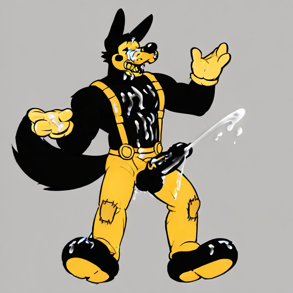 furry, sitting, white gloves, furry male, ejaculation, full body, monochrome, holding, waving, white background, erection, bara, topless male, boris the wolf - batim, harness, testicles, stomach, shoes, fangs, cum on boy, standing, pants