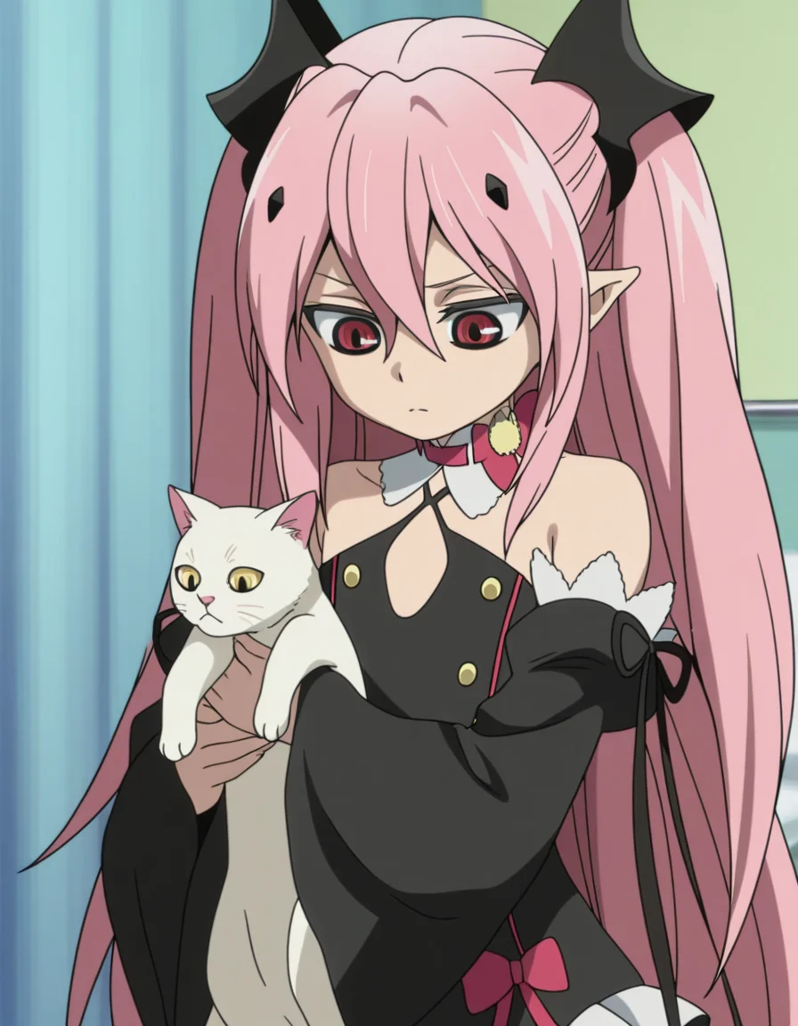 masterpiece, best quality, amazing quality,, <lora:krul-tepes-s2-illustriousxl-lora-nochekaiser:1>, krul tepes, long hair, red eyes, pink hair, pointy ears, hair ornament, anime screencap, dress, bare shoulders, detached sleeves, wide sleeves, detached collar, black dress, bowtie,, hospital room, bedside, get well flowers, comforting, quiet, , longcat (meme), armpit carry, meme, holding cat, holding animal, cat, animal, bed room, looking down, cowboy shot, looking at viewer, solo,, cowboy shot, solo