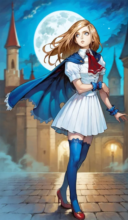 score_9,score_8_up,score_7_up,
highres,highly detailed,
<lora:CharlotteAulin:1>,
charlotteaulin,
1girl,solo,
brown hair,long hair,
blue eyes,looking to the side,
blue cape with white lace trim,white dress,white lace trim collar,red tie with white lace trim,short puffed sleeves,blue wrist cuffs,(blue wrap skirt:1.1),
blue lace thigh socks,red heels,
from rooftop,
blurry background,vignetting,outdoors,full moon,dark,light particles,bell tower in the background,castle,(night:1.2),cloudy,fog,
